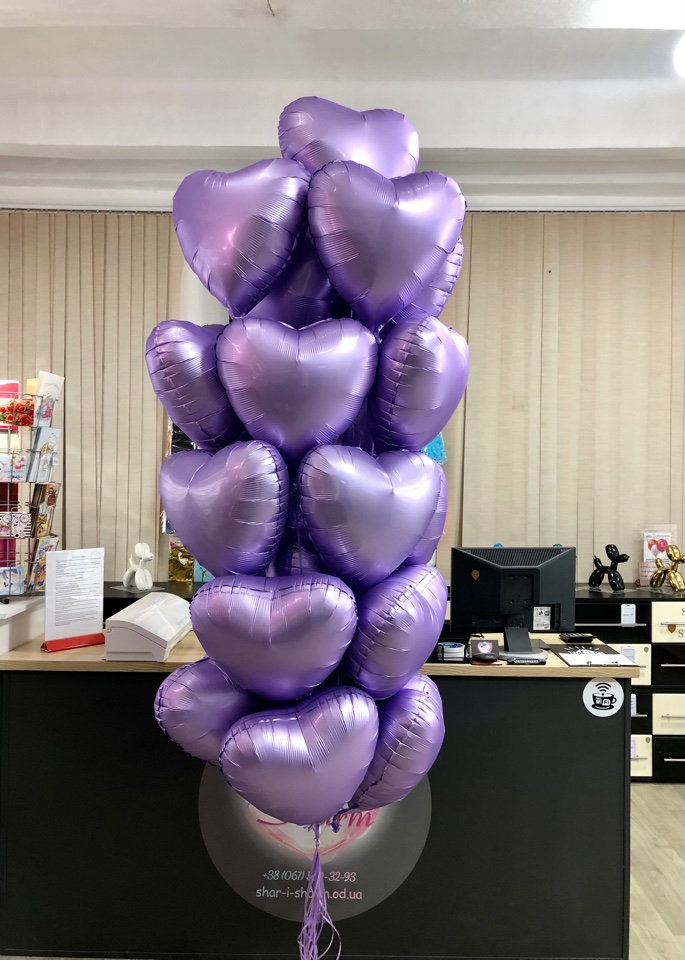 Набор сатиновых лиловых шаров сердец 25шт