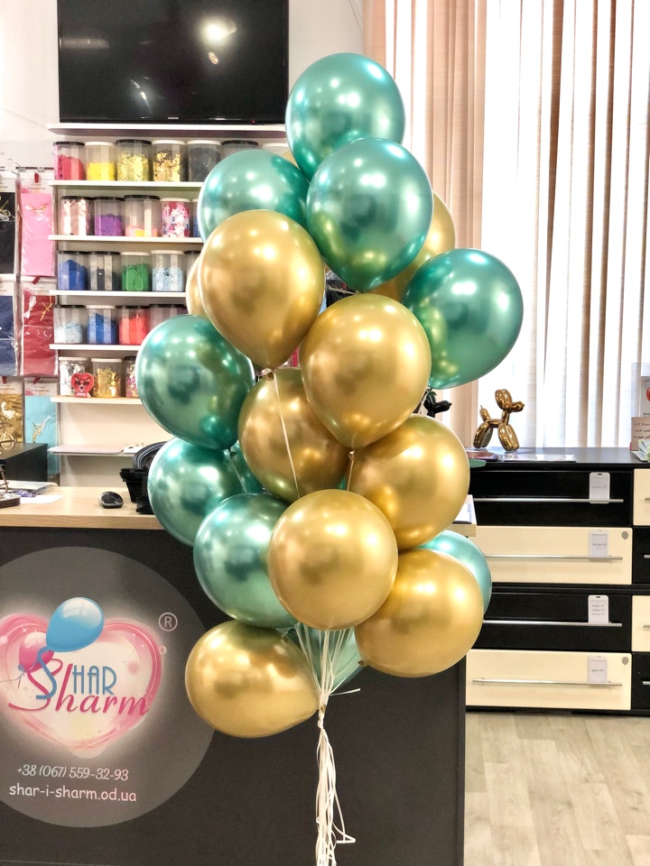 Букет шаров хром золото и зелёные