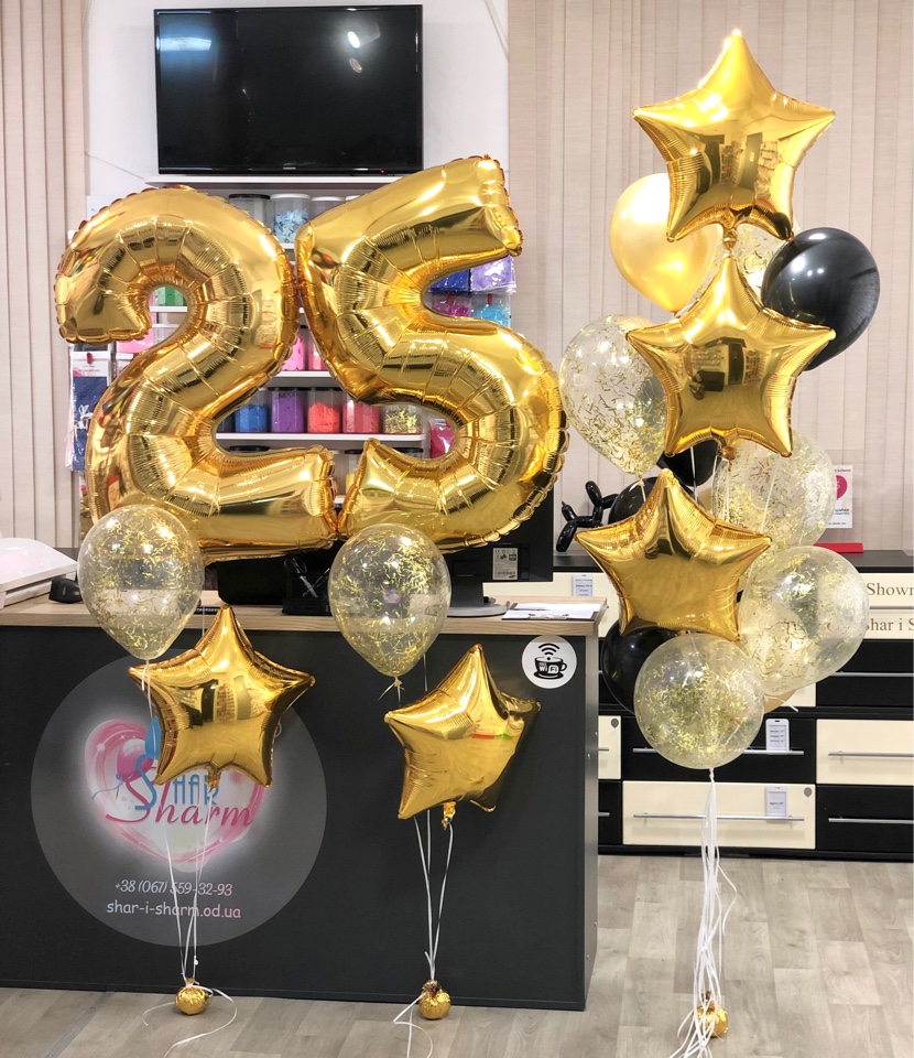 Набор шаров - 2 цифры и букет (золото и черный)