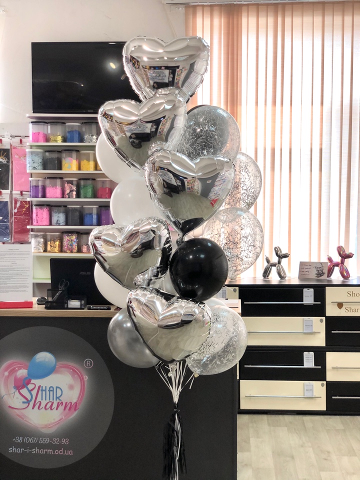 Букет шаров - черно-белый-серебро